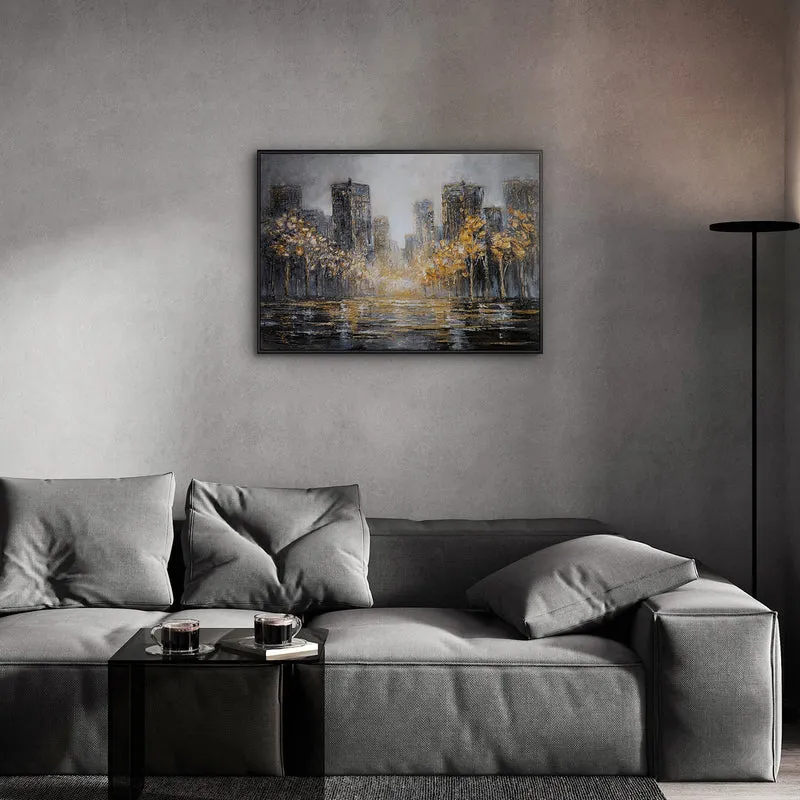 „Lichter der Stadt" – Goldenes Panorama Stadtgemälde handgemalt mit Rahmen, 50x70 cm
