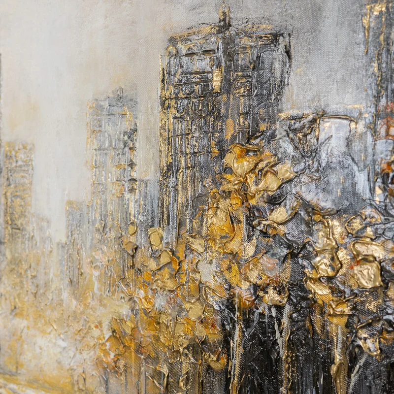 „Lichter der Stadt" – Goldenes Panorama Stadtgemälde handgemalt mit Rahmen, 50x70 cm