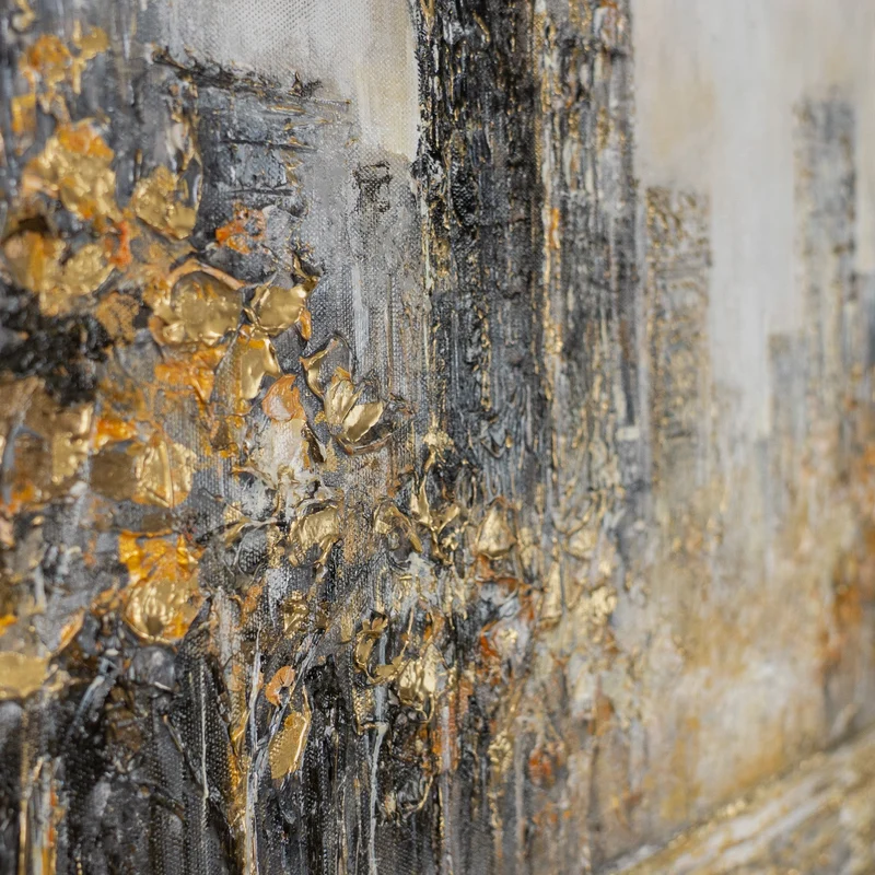 „Lichter der Stadt" – Goldenes Panorama Stadtgemälde handgemalt mit Rahmen, 50x70 cm