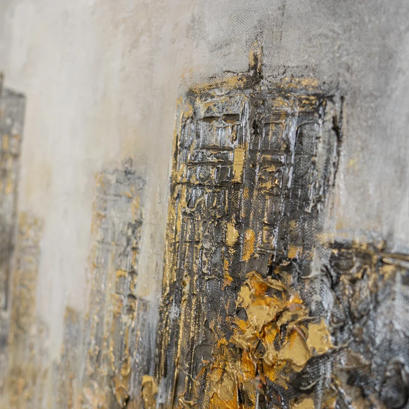 „Lichter der Stadt" – Goldenes Panorama Stadtgemälde handgemalt mit Rahmen, 50x70 cm