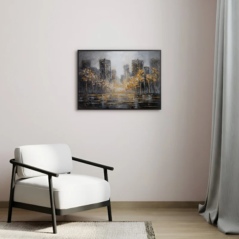 „Lichter der Stadt" – Goldenes Panorama Stadtgemälde handgemalt mit Rahmen, 50x70 cm