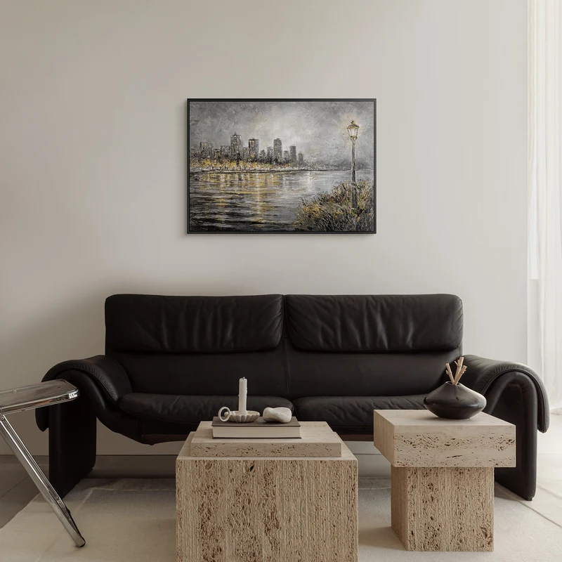 „Abendliche Küste" – Handgemaltes Skyline Gemälde mit Rahmen, 50x70 cm