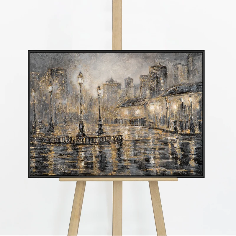„Regenlaternen" – Atmosphärisches Nacht-Stadtbild handgemalt mit Rahmen, 50x70 cm