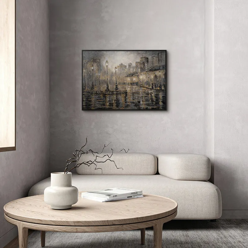 „Regenlaternen" – Atmosphärisches Nacht-Stadtbild handgemalt mit Rahmen, 50x70 cm