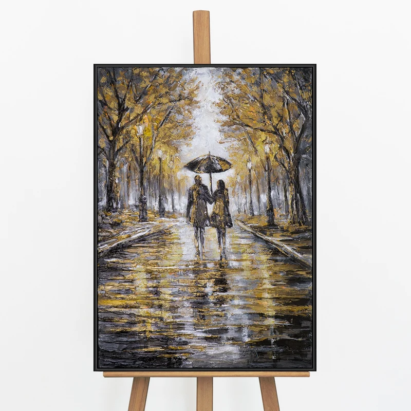 „Regnerischer Spaziergang" – Romantisches Paargemälde handgemalt mit Rahmen, 50x70 cm