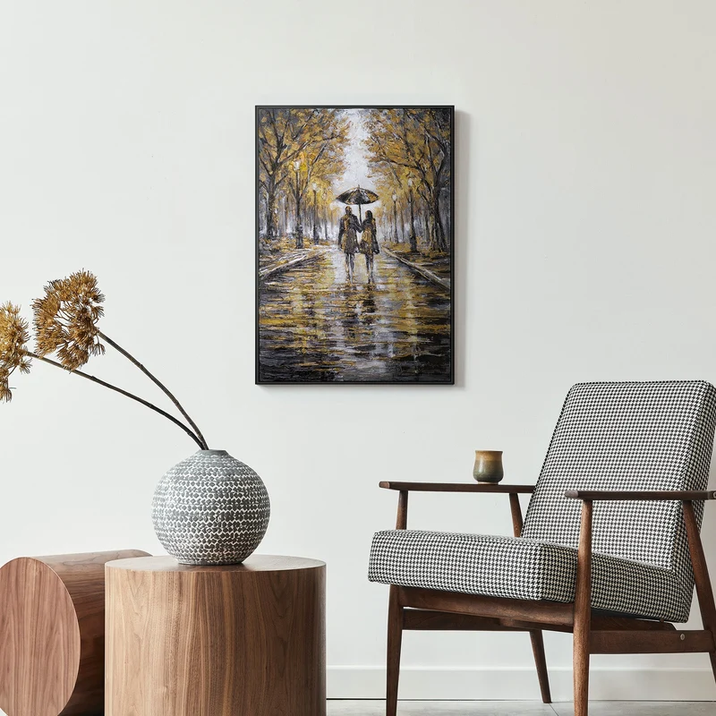 „Regnerischer Spaziergang" – Romantisches Paargemälde handgemalt mit Rahmen, 50x70 cm