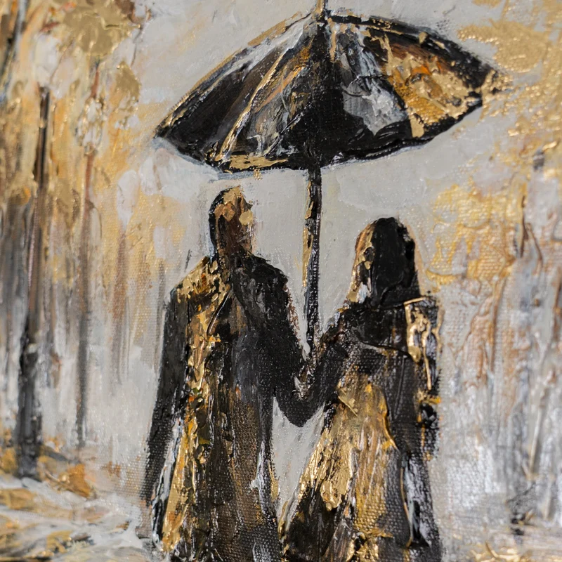 „Regnerischer Spaziergang" – Romantisches Paargemälde handgemalt mit Rahmen, 50x70 cm