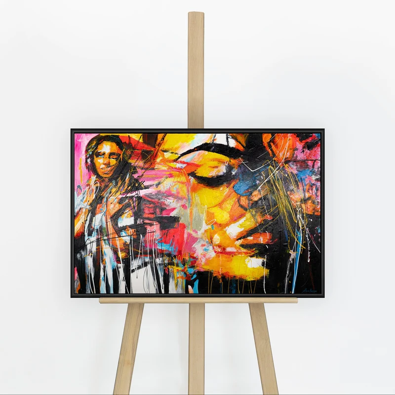 Handgemaltes expressives Portraitbild „Symphonie der Farben" – 60x40 cm mit Rahmen