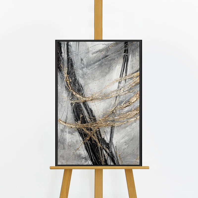 Handgemaltes dynamisches Acrylbild „Goldener Strich" – 60x40 cm mit Rahmen