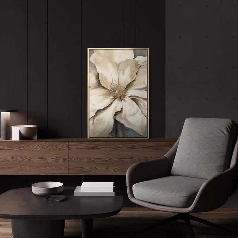 Handgemaltes florales Gemälde „Goldene Blüte" – 60x40 cm mit Rahmen