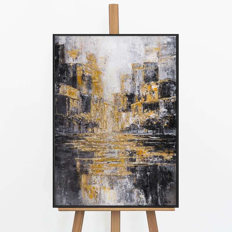 „Nächtliche Stadt" – Abstraktes Stadtgemälde handgemalt mit Rahmen, 50x70 cm