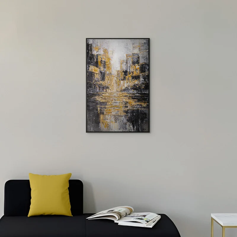 „Nächtliche Stadt" – Abstraktes Stadtgemälde handgemalt mit Rahmen, 50x70 cm