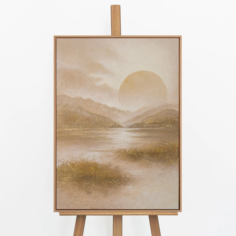 „Warmer Horizont" – Goldenes Seengemälde handgemalt mit Rahmen, 50x70 cm