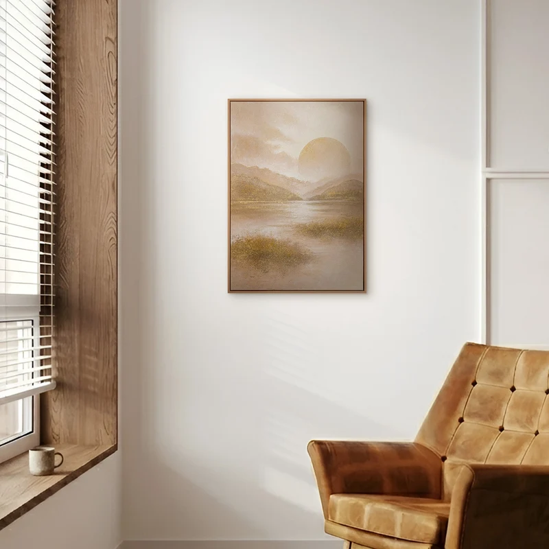„Warmer Horizont" – Goldenes Seengemälde handgemalt mit Rahmen, 50x70 cm