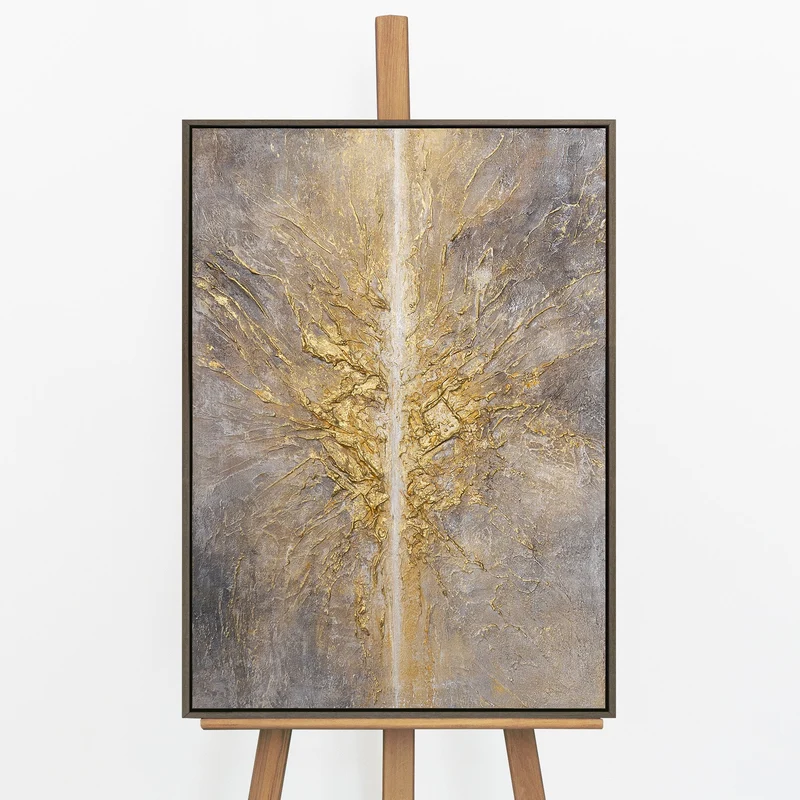 „Energiestrahl" – Skulpturales Goldgemälde handgemalt mit Rahmen, 50x70 cm