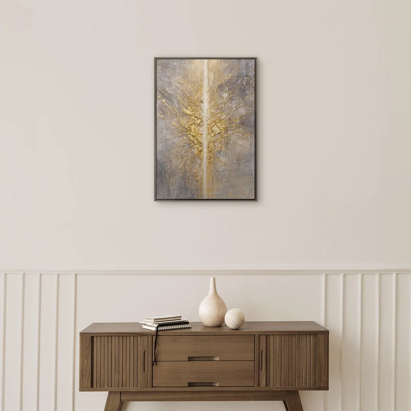 „Energiestrahl" – Skulpturales Goldgemälde handgemalt mit Rahmen, 50x70 cm
