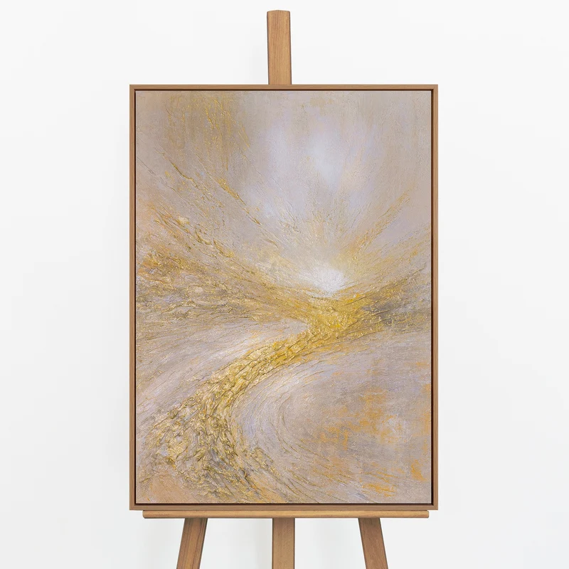 „Leuchtender Strom" – Abstraktes Goldgemälde handgemalt mit Rahmen, 50x70 cm