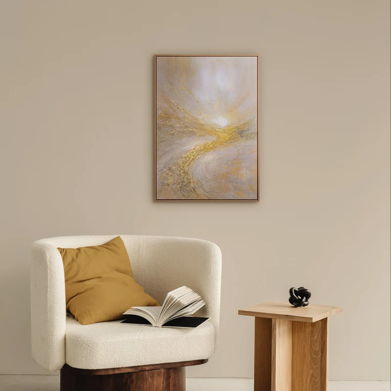 „Leuchtender Strom" – Abstraktes Goldgemälde handgemalt mit Rahmen, 50x70 cm