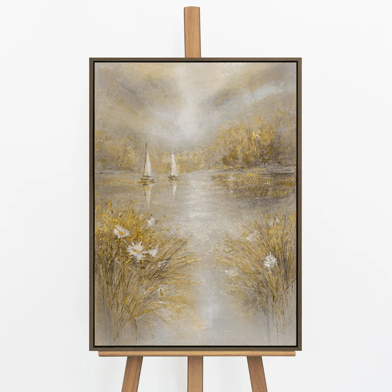 „Wasserspiegel" – Impressionistisches Seengemälde handgemalt mit Rahmen, 50x70 cm
