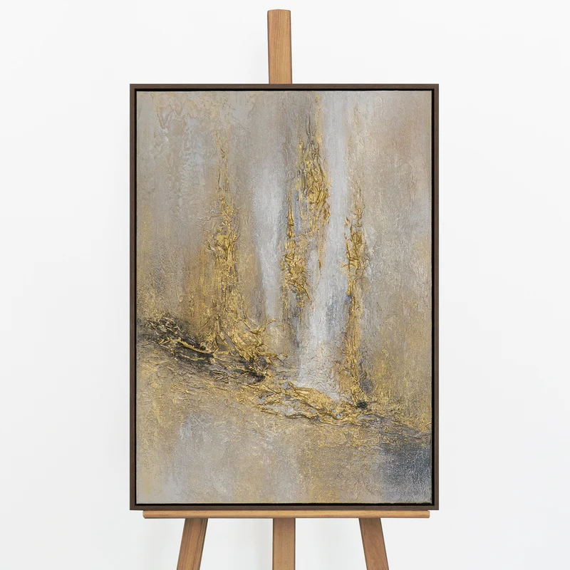 „Abstrakte Stadt" – Goldenes Stadtgemälde handgemalt mit Rahmen, 50x70 cm Hochformat