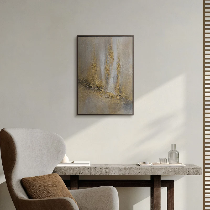 „Abstrakte Stadt" – Goldenes Stadtgemälde handgemalt mit Rahmen, 50x70 cm Hochformat