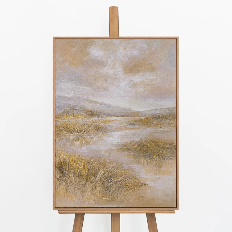 „Stille Ebene" – Handgemaltes Naturgemälde mit goldenen Akzenten, 50x70 cm mit Rahmen