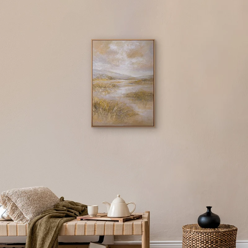 „Stille Ebene" – Handgemaltes Naturgemälde mit goldenen Akzenten, 50x70 cm mit Rahmen
