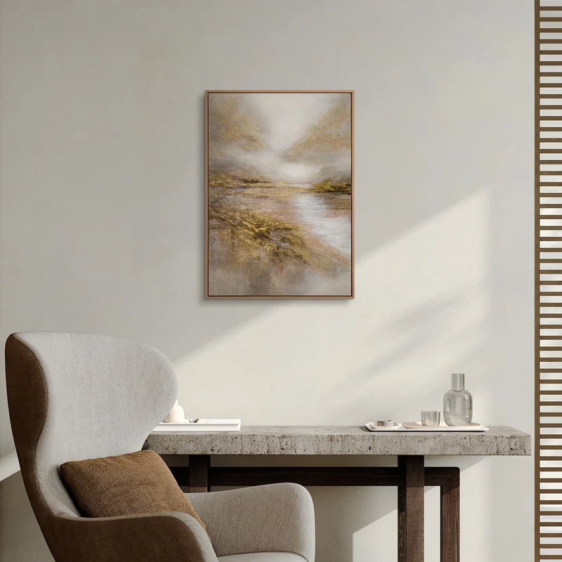 „Helles See" – Atmosphärisches Seengemälde handgemalt mit Rahmen, 50x70 cm