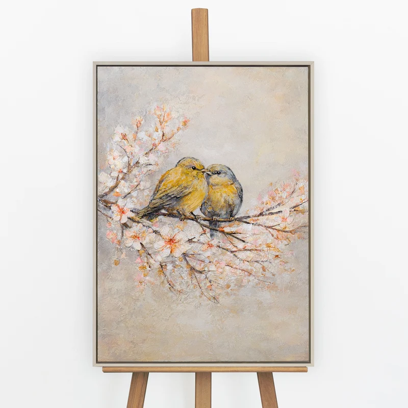 „Zarte Vögel" – Romantisches Tiergemälde handgemalt mit Rahmen, 50x70 cm