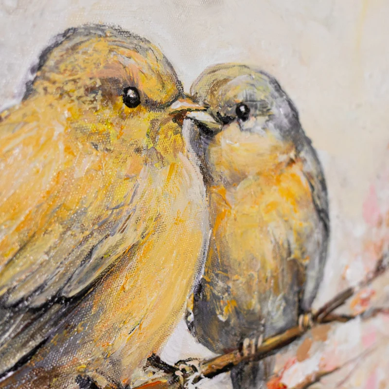 „Zarte Vögel" – Romantisches Tiergemälde handgemalt mit Rahmen, 50x70 cm