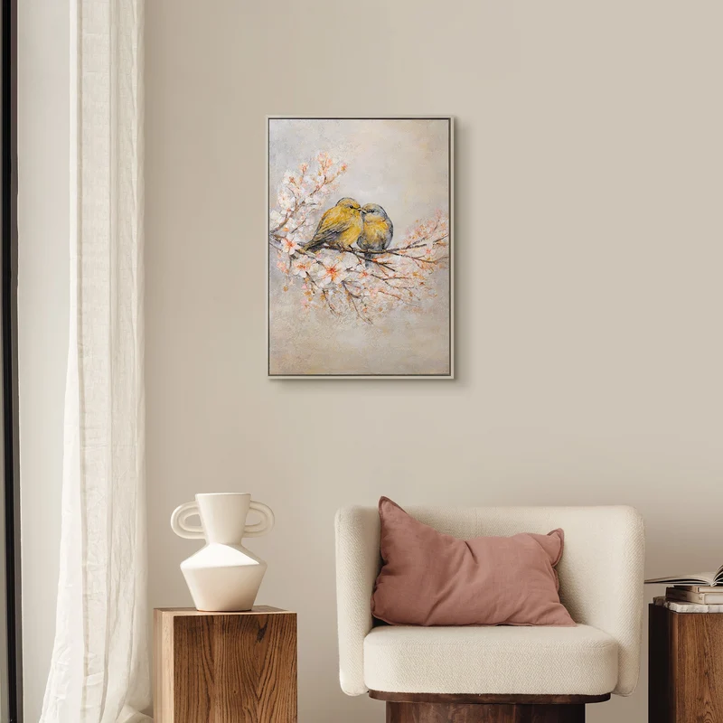 „Zarte Vögel" – Romantisches Tiergemälde handgemalt mit Rahmen, 50x70 cm