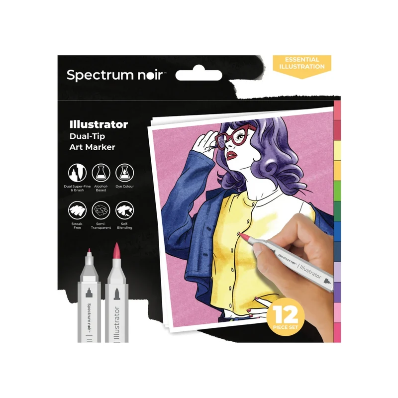 Spectrum Noir - Dual-tip Alcohol Brush Markers - Illustrator (12PC) - Essential Illustration
