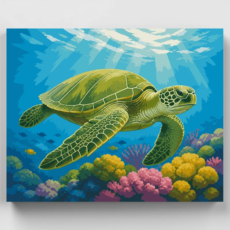 Green Sea Turtle Over Coral Reef - Paint by Numbers Kit