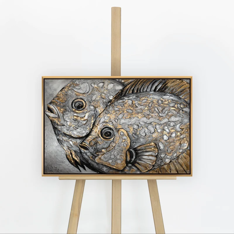 Handgemalte Fisch Acrylgemälde mit Rahmen "Magische Fische" Strukturierte Wandkunst