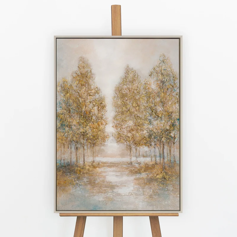 „Herbstlicher Hain" – Goldenes Waldgemälde handgemalt mit Rahmen, 50x70 cm