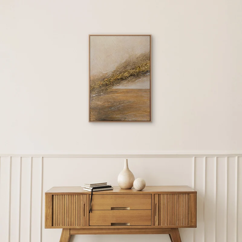 „Goldene Welle" – Abstraktes Strukturgemälde handgemalt mit Rahmen, 50x70 cm Hochformat