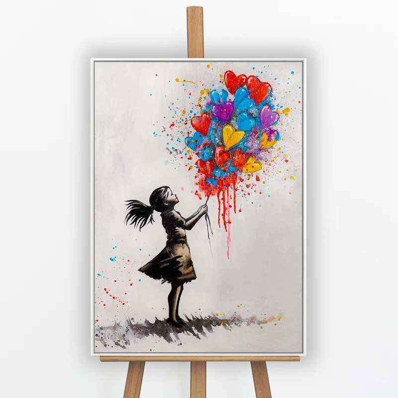 „Farbige Herzen" – Handgemaltes Pop Street Art Gemälde mit Rahmen, 50x70 cm
