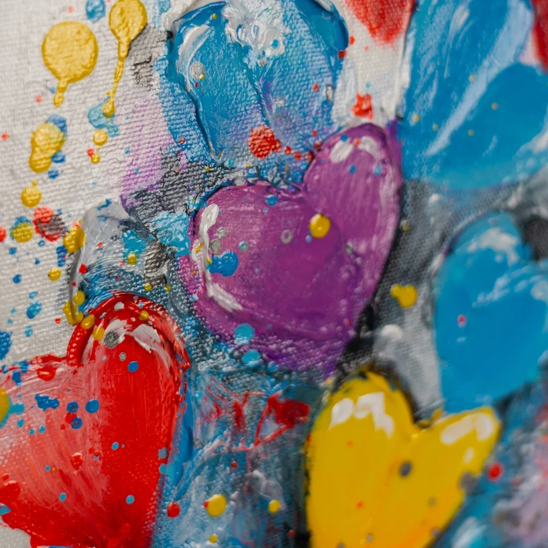 „Farbige Herzen" – Handgemaltes Pop Street Art Gemälde mit Rahmen, 50x70 cm