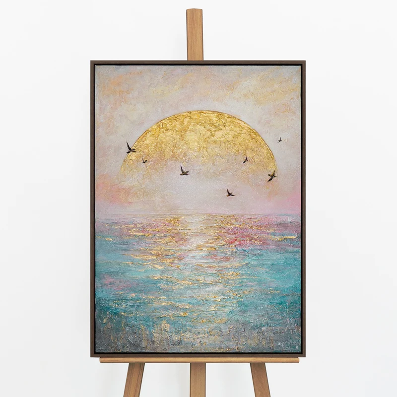 „Goldene Sonne" – Romantisches Meeresgemälde handgemalt mit Rahmen, 50x70 cm