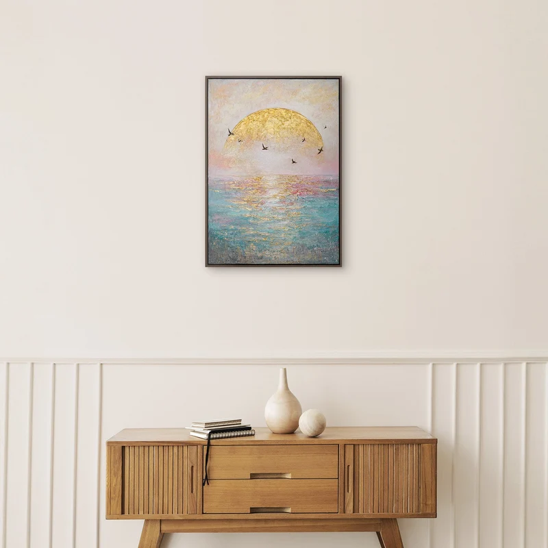 „Goldene Sonne" – Romantisches Meeresgemälde handgemalt mit Rahmen, 50x70 cm