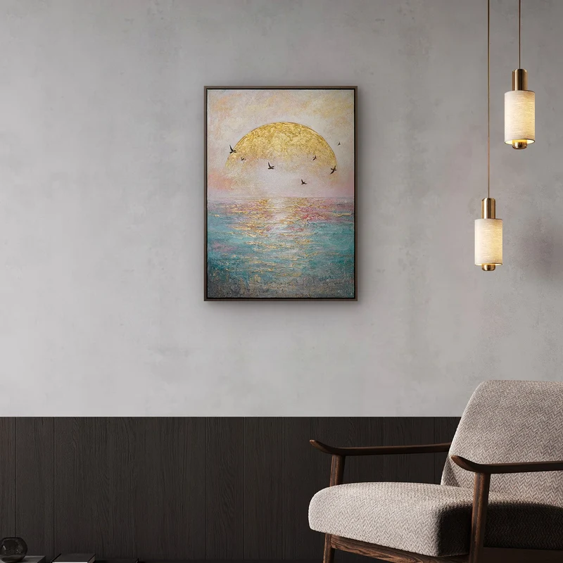 „Goldene Sonne" – Romantisches Meeresgemälde handgemalt mit Rahmen, 50x70 cm
