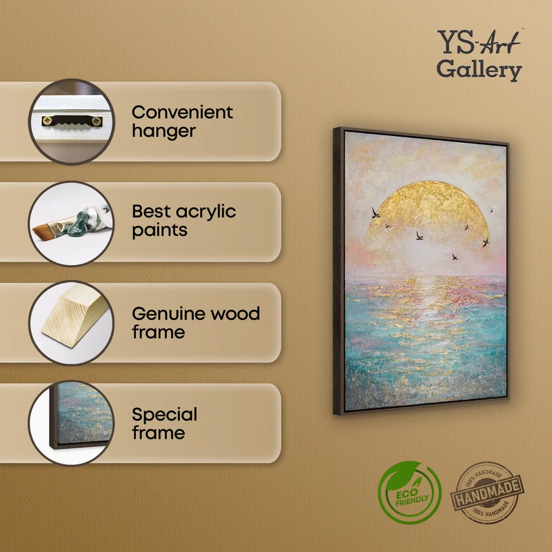 „Goldene Sonne" – Romantisches Meeresgemälde handgemalt mit Rahmen, 50x70 cm