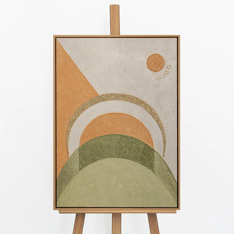 „Sonnenwirbel" – Dynamisches Boho Gemälde handgemalt mit Rahmen, 50x70 cm Hochformat