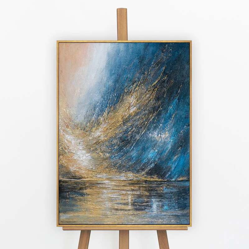 „Sturmwolken" – Dramatisches Acrylgemälde Blau Gold handgemalt mit Rahmen, 50x70 cm