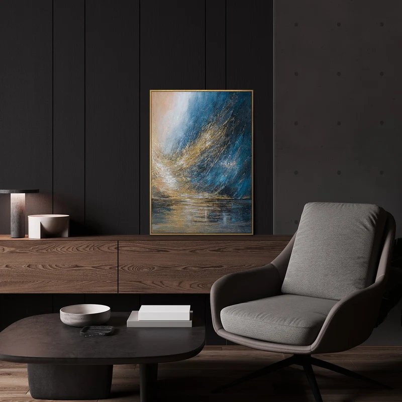 „Sturmwolken" – Dramatisches Acrylgemälde Blau Gold handgemalt mit Rahmen, 50x70 cm