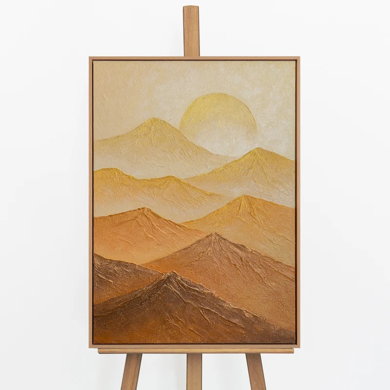 „Goldene Berge" – Abstraktes Berggemälde handgemalt mit Rahmen, 50x70 cm