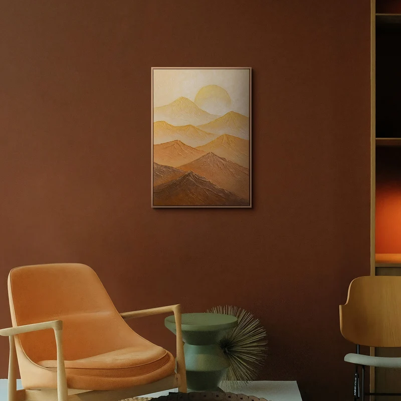 „Goldene Berge" – Abstraktes Berggemälde handgemalt mit Rahmen, 50x70 cm