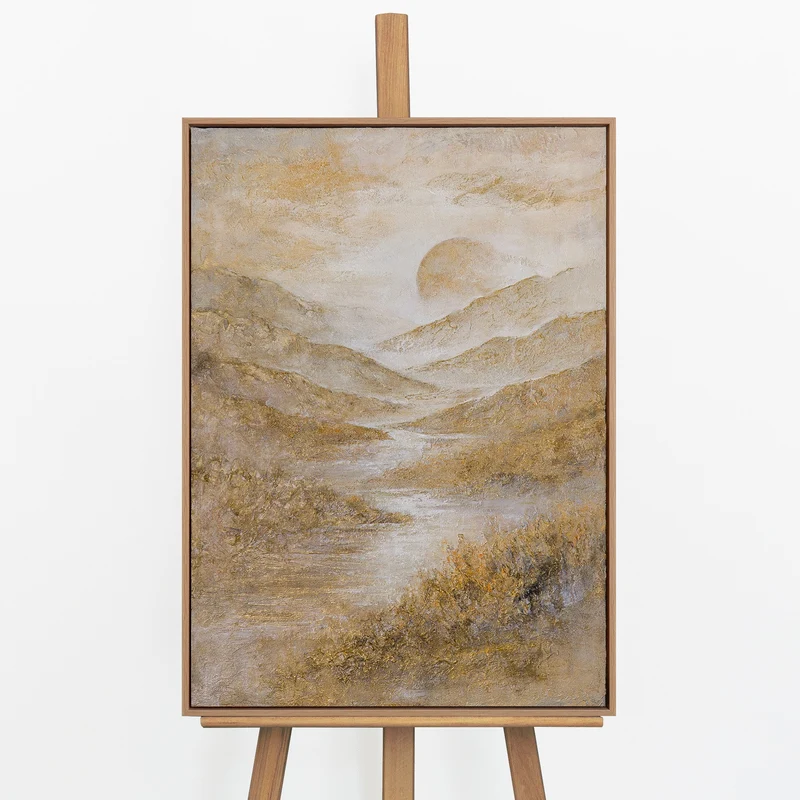 „Goldenes Tal" – Goldenes Landschaftsgemälde handgemalt mit Rahmen, 50x70 cm