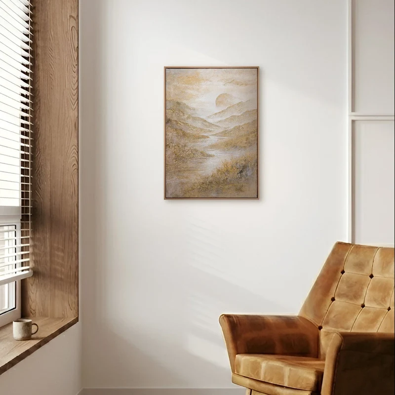 „Goldenes Tal" – Goldenes Landschaftsgemälde handgemalt mit Rahmen, 50x70 cm