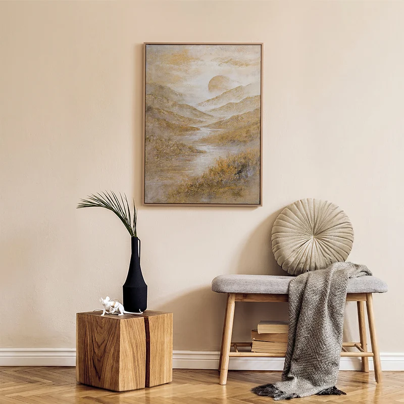 „Goldenes Tal" – Goldenes Landschaftsgemälde handgemalt mit Rahmen, 50x70 cm